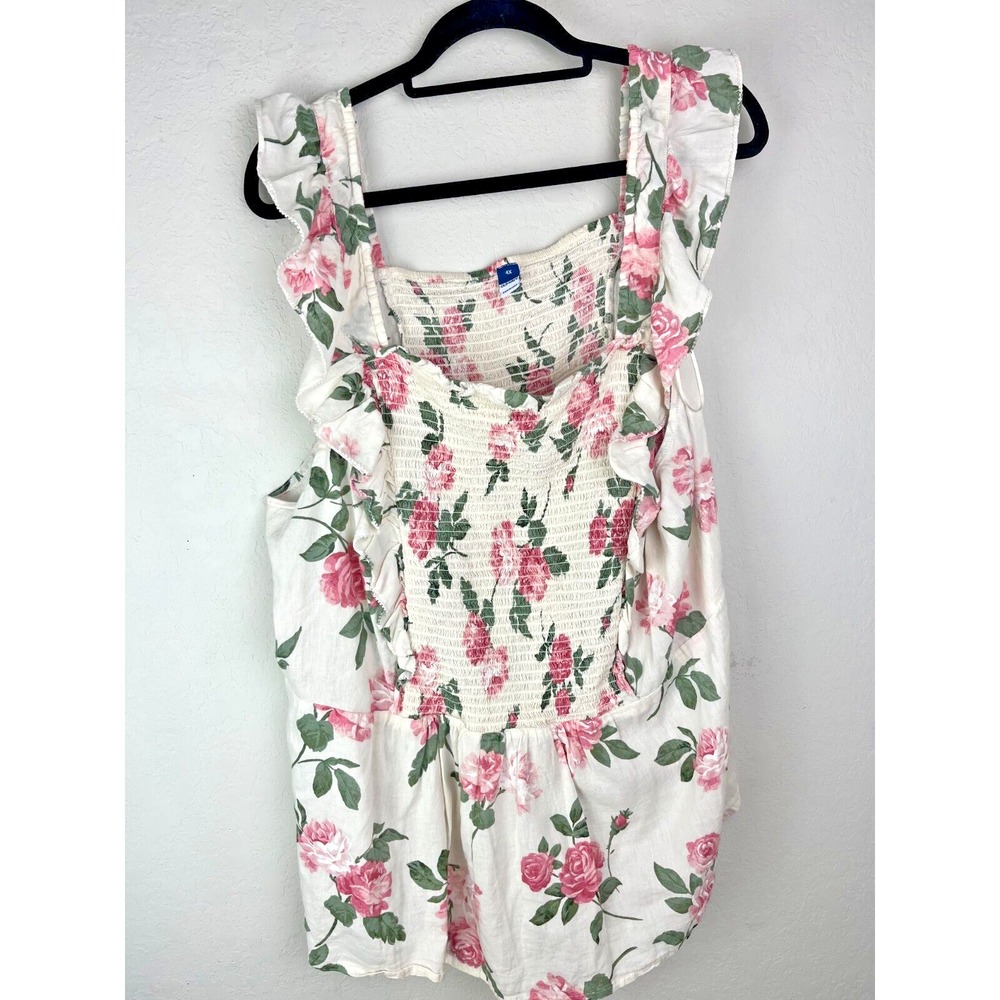 Old Navy Smocked Floral Ruffle Tank Top 4X White Pink Sleeveless Blouse